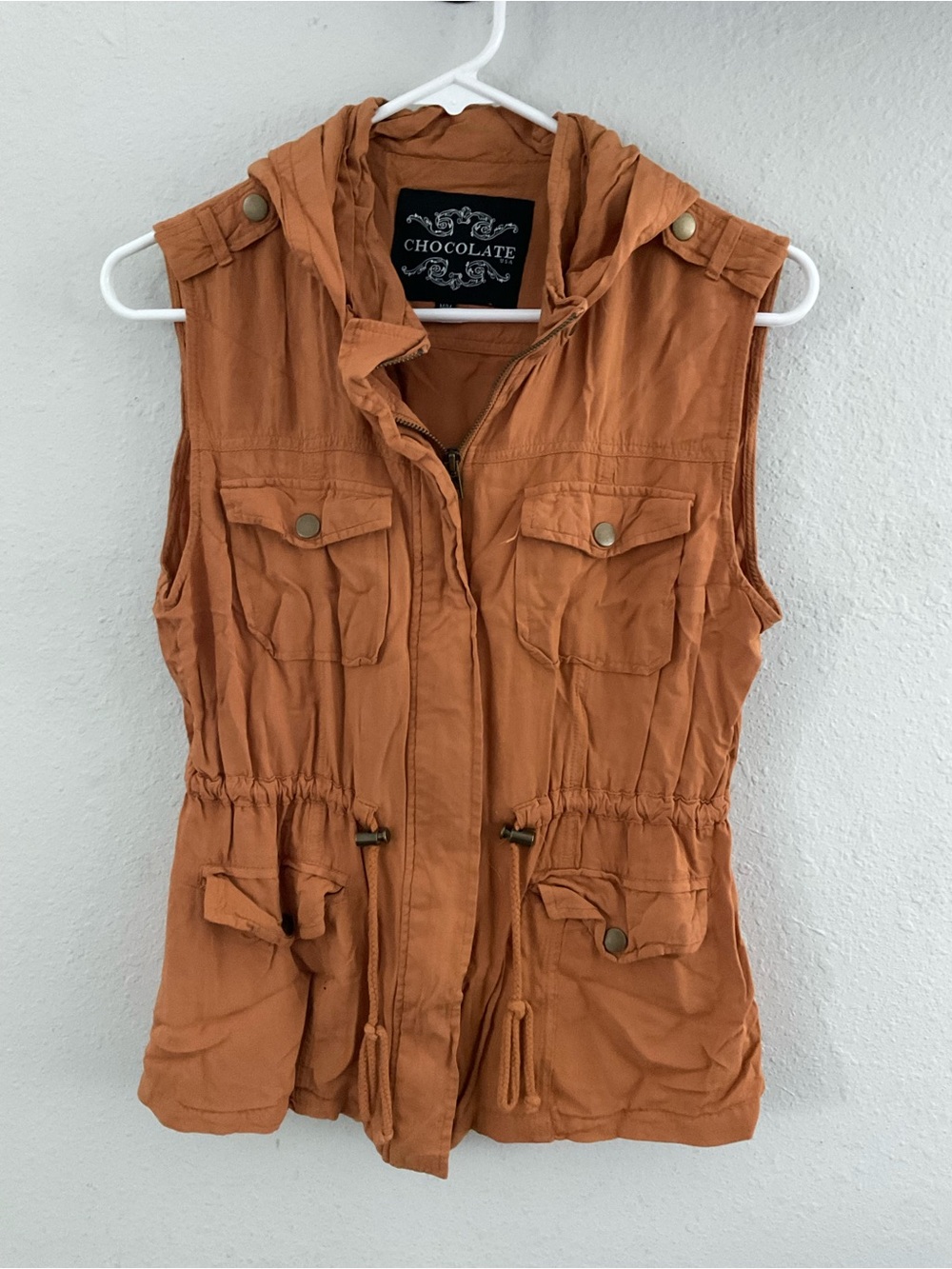 Chocolate Women's Hooded Sleeveless Utility Vest - Burnt Orange